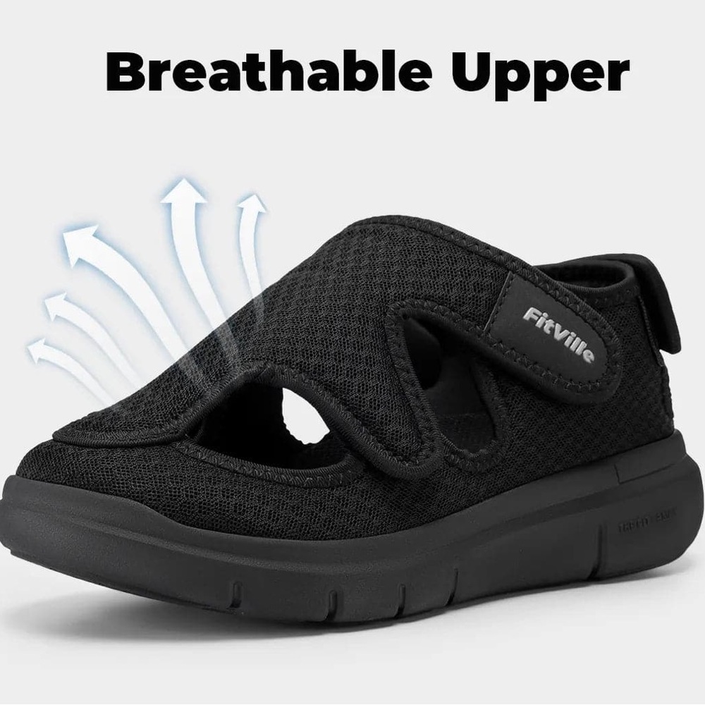 FitVille Shoes Women 7.5 Black EasyTop Wings V5 Diabetic Orthopedic Wide Sandals